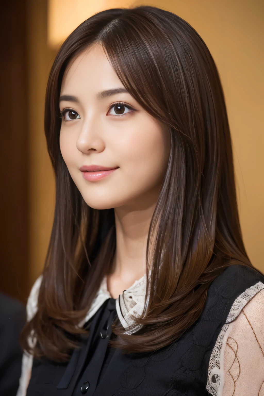 (RAW Photos), (Photorealistic), (masterpiece), (Highest quality), High resolution, 8K resolution, (Intricate details), (Light and voluminous), Portraiture, woman, 40 years, Mid-length hair, Straight hair, Layered Hair, Brown Hair, Highly detailed eyes, Order the sauce, Very fine eyebrows, Highly detailed skin, Highly detailed mouth, Highly detailed nose, Cute like an idol, smile, ((Thick lips)), ((Looking at the audience)), (Elegant blouse)