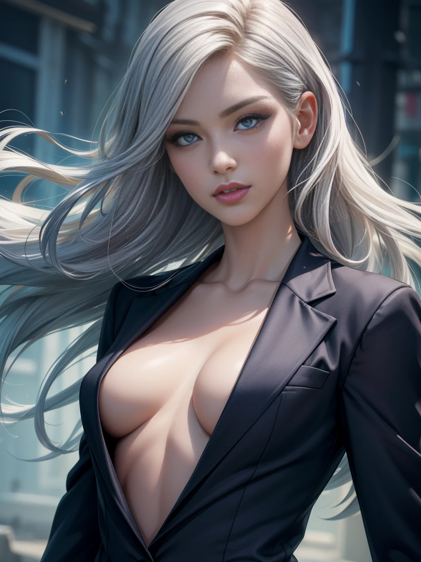 (best quality,ultra-detailed,photo-realistic:1.37),bright and vibrant colors, studio lighting, playful expression, stylish makeup ,( business Jacket ) ,Silver hair flowing in the wind, alluring eyes, glossy lips, sexy pose, ,posing for a professional photoshoot ,shallow depth of field, highlighting the main subject, soft natural lighting ,creating a dreamy and magical atmosphere. ((very small breasts )),weak unhealthy ,(((very thin))) excited