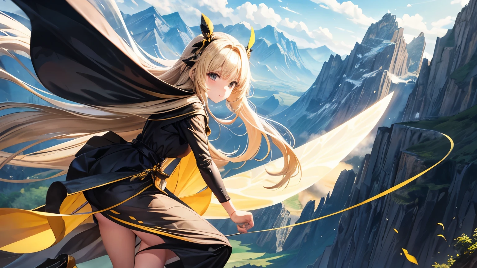 Dressed as a bee, long black dress with slit, mountainscape, blonde LONG HAIR, Flying hair