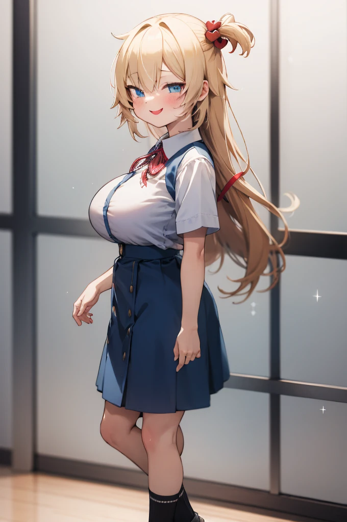 masterpiece, akai haato, hololive, 1girl, bangs, blonde hair, blue eyes, blush,(huge breasts), collared shirt, hair between eyes, hair ornament,heart, heart hair ornament, long hair, , neck ribbon, one side up, red ribbon, ribbon, , sidelocks, simple background, smile, solo, sparkle, virtual youtuber, white background, white shirt, , :d, blue skirt,,,closed mouth,indoor,,socks,from side