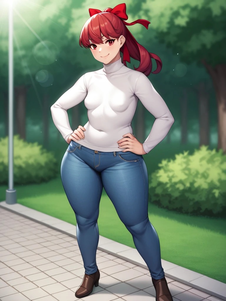 ((mature)), Kasumi Yoshizawa has become a mature woman, Realistic denim texture, chubby upper body but small breasts, dskasumi, red hair, long hair, ponytail, red eyes, hair bow, 1girl, solo, ((height 150cm)), thick thighs, Bow legs, Beautiful face but chubby face, Chubby kasumi yoshizawa, Hands on hips, Stand up straight, ((Full body)), (low head 1.5), A little chubby body type and small breasts, masterpiece, tight denim pants, ((small breasts)), thick legs++, Full body+, Solo, Swollen face, 1 woman, (white long sleeve tutleneck 1.5,) (tight turtle neck 1.5), white turtle neck, navy blue Denim pants, thick thighs, low rise navy blue denim pants, solo, simple background, masterpiece, best quality, black hair, A chubby figure that seems real, smile, Middle-aged obesity, Wearing a stylish coat
red ribbon
outdoors, park, trees, dappled sunlight, depth of field, cinematic, game cg, official art, masterpiece, best quality
