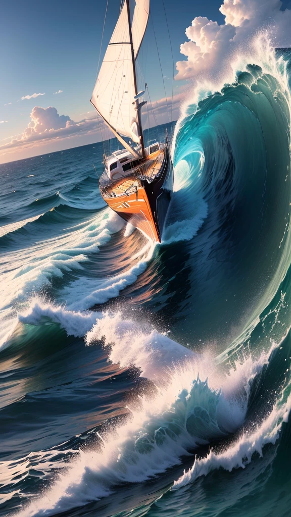 Maximum image quality, there is a sailboat with a red and blue sail, The candle has a yellow pentagonal star in the red part, In water, the May candle is smooth and whole white, photo taken from very far away, Treading in very very very very turbulent waters, There is a storm and a lot of swell and big waves, the sailboat goes very very fast, dejando estela In water, He&#39;s on an old sailboat, Cloth, hay rayos solares que salen de las nubes y se reflejan In water, captured on iphone, Seen in Profile from very far away, in the arch, taken on iphone 14 pro, shot from very far away