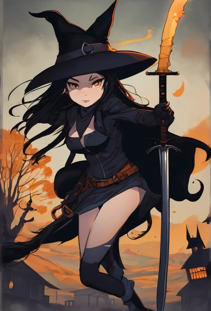  "Girl corpo inteiro with sword and dark style com gato preto and witch 