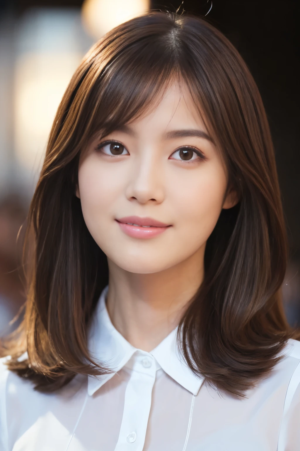 (RAW Photos), (Photorealistic), (masterpiece), (Highest quality), High resolution, 8K resolution, (Intricate details), (Light and voluminous), Portraiture, woman, 40 years, Mid-length hair, Straight hair, Layered Hair, Brown Hair, Highly detailed eyes, Order the sauce, Very fine eyebrows, Highly detailed skin, Highly detailed mouth, Highly detailed nose, Cute like an idol, smile, ((Thick lips)), ((Looking at the audience)), (Elegant blouse)