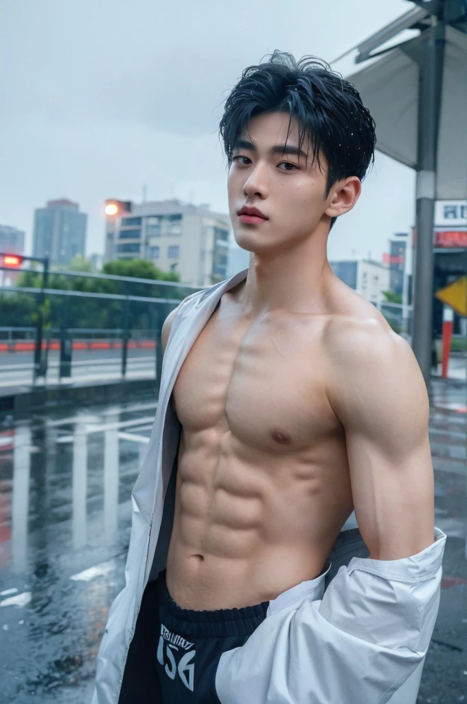 (best quality:1.4), (ultra highres:1.2), (photorealistic:1.4), (8k, RAW photo:1.2), Realistic handsome Japanese guy, muscle, fit, 18 years old, shirtless, topless, wear jockstrap, bedroom, wet body, raincoat, rain day, rain, on street in the city