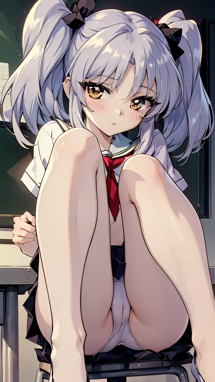 8K, A masterpiece of softcore pornography shot by Kishin Shinoyama, Bast quality,big, RAW Photos, (Ultra-thin contour lines), (1 Girl), Ruri Hoshino, Ruri Hoshino , Dark brown eyes, Star-shaped highlight eye, Silver Hair, Twin tail middle hair, Professional Lighting, (Shiny skin: 1.2), shiny big, ((Highest quality)), Sharp focus: 1.2, Highly detailed face and skin texture, fine grain, Perfect Face, Perfect body, Blur Art, CG, background, milk, in front (18-year-old, Cool and beautiful girl face), wear ((school uniform)), thigh), blush, (Porn Cosplayer), (Camel Toe, White panties), Gravure idol style table, She pulled up her skirt to avoid the heat..、I sat on the desk with my knees raised...。., My favorite girl, Browsing Caution, 