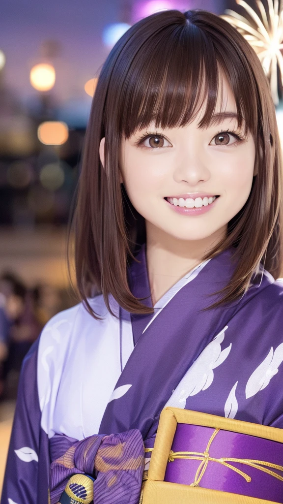 (Highest quality、8K、32k、masterpiece)、(Realistic)、(Realistic:1.2)、(High resolution)、Very detailed、Very beautiful face and eyes、20Adult female years old、Round and small face、Tight waist、Delicate body、(Highest quality、Attention to detail、Rich skin detail)、(Realistic、Realistic:1.37)、Bright colors、(((Brown Hair)))、(((Full Body Shot)))、(((Long Hair)))、(((Night fireworks festival background)))、(((smile)))、(((Teeth are visible)))、(((Wear a purple yukata)))、、Kanna Hashimoto、 Yukata appearance、