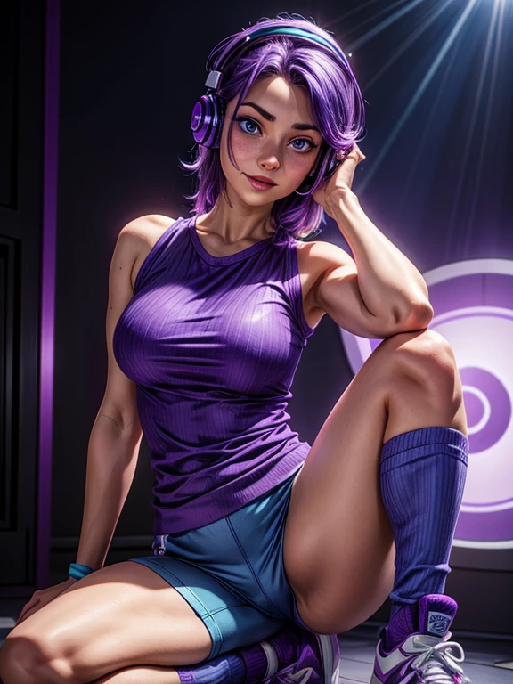 a woman with purple and blue hair, fair skin, blue eyes, wearing a purple shirt, blue headphones, ankle socks, strong arms. expression of joy, happiness, sensual pose.