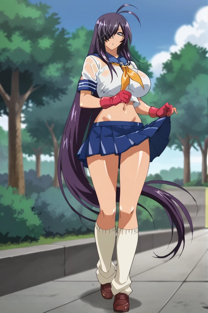 score_9, score_8_up, score_7_up, score_6_up, masterpiece, best quality, source_anime, very aesthetic, absurdres, perfect composition, moist skin, intricate details, perfect face, beautiful eyes, anime screencap,
BREAK 1girl, solo, kanu, purple hair, hair over one eye, very long hair, grey eyes, huge breasts, , yellow neckerchief, (pleated skirt, red gloves:1.1), navel, loose socks, shiny skin, outdoors,