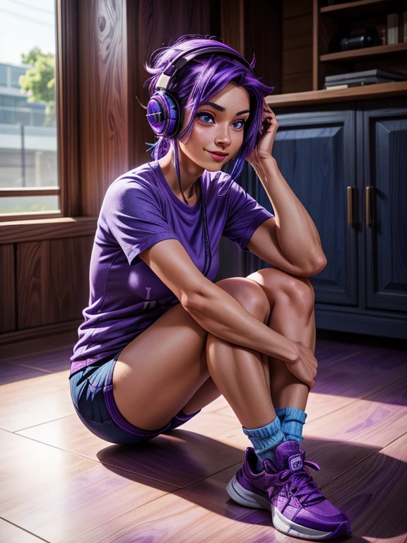 a woman with purple and blue hair, fair skin, blue eyes, wearing a purple shirt, blue headphones, ankle socks, strong arms. expression of joy, happiness, sensual pose.