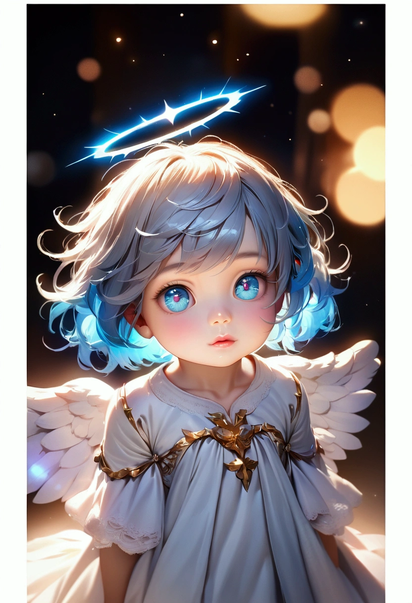 a boy, beautiful detailed eyes, beautiful detailed lips, extremely detailed eyes and face, very short hair, angel face, adorable, cute, innocent, glowing skin, soft lighting, 4k, 8k, highres, masterpiece, ultra-detailed, photorealistic, HDR, UHD, studio lighting, ultra-fine painting, sharp focus, physically-based rendering, extreme detail description, professional, vivid colors, bokeh, angelic, ethereal, serene, peaceful, warm lighting, glowing halo,