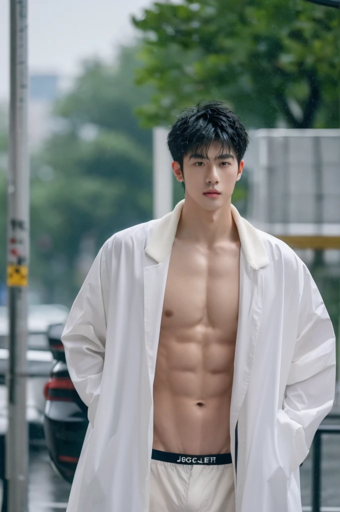 (best quality:1.4), (ultra highres:1.2), (photorealistic:1.4), (8k, RAW photo:1.2), Realistic handsome Japanese guy, muscle, fit, 18 years old, shirtless, topless, wear jockstrap, bedroom, wet body, raincoat, rain day, rain, on street in the city