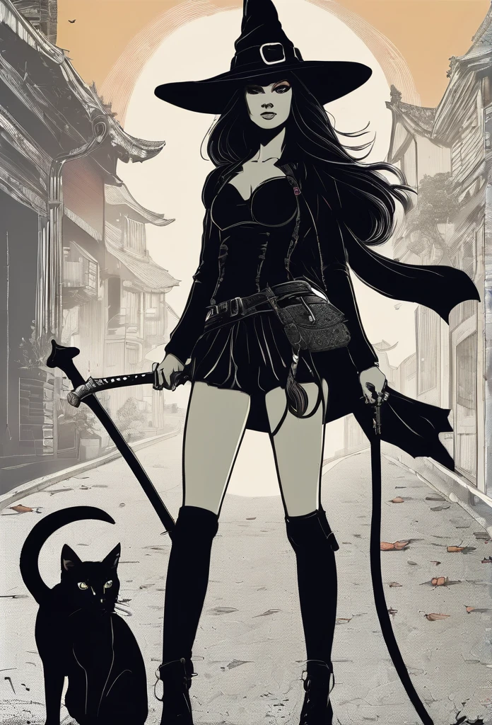  "Girl corpo inteiro witch with sword and dark style com gato preto