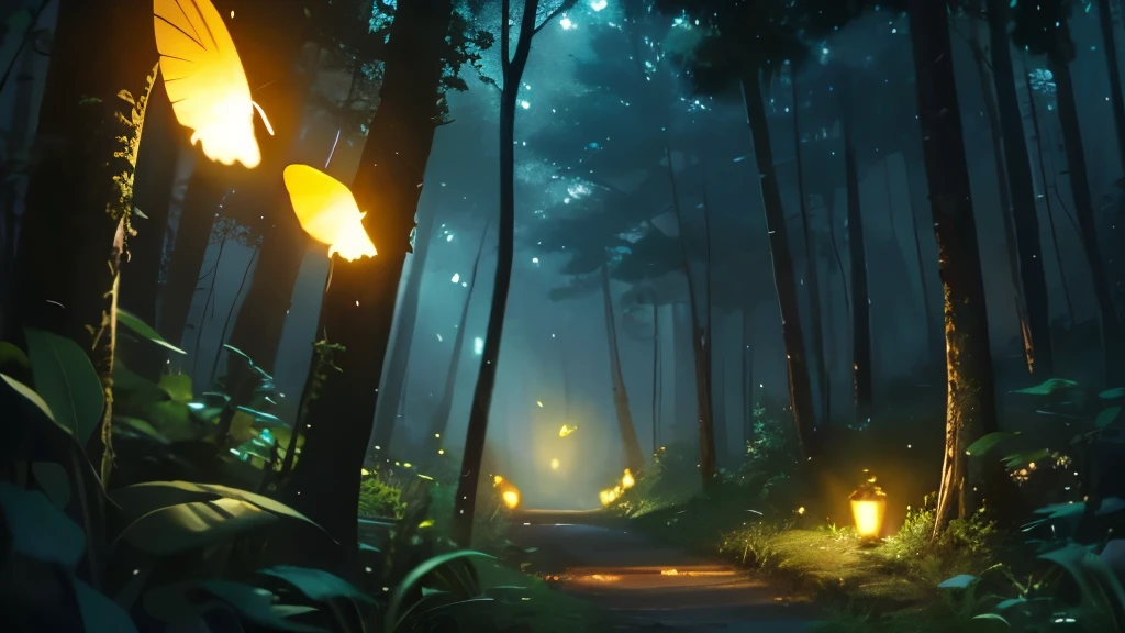 (Better image quality) many fireflies in the dark forest.