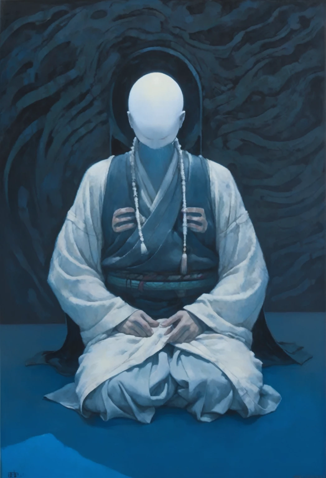 painting of a man sitting in a meditation position with a white head, daoist, ancient japanese monk, mystical oil on linen, inspired by Kanō Naizen, portrait of monk, inspired by Kaigetsudō Anchi, makoto sinkai, affable , wenjun lin, yanjun chengt, inspired by Kaigetsudō Ando