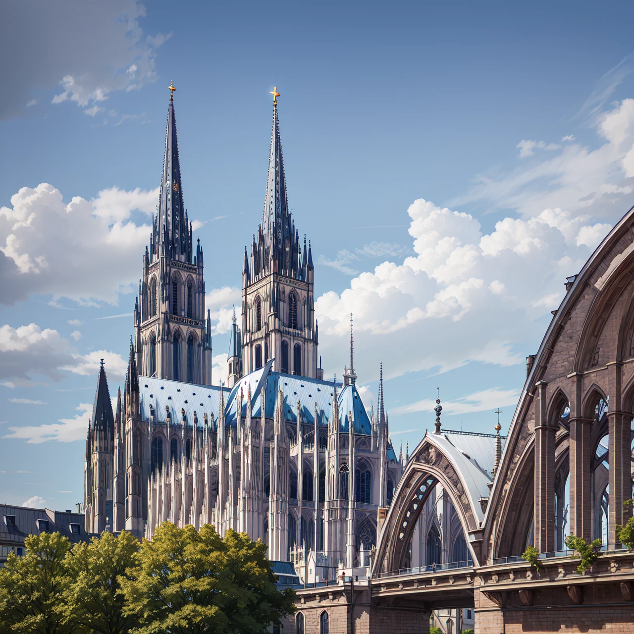 Masterpiece, best quality, very detailed, Cologne Dome, Cologne Cathedral, sun is shining, blue sky on the background with many stars