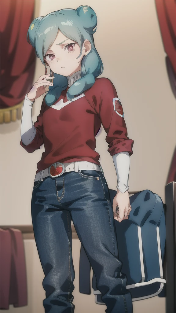 masterpiece,best quality,double bun, standing,dark blue shirt,red jacket,whire jeans