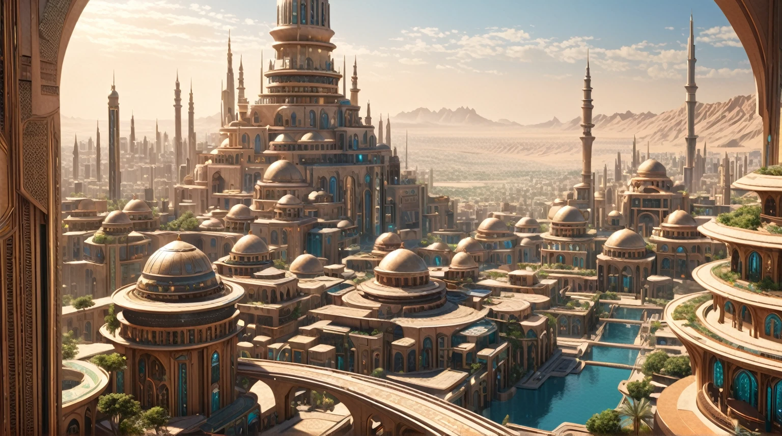 masterpiece, best quality, good quality, Fantasy aesthetics, Highly detailed, beautiful landscape, Futuristic fantasy city, metropolitan, background only, no other being (human etc), futuristic middle east fantasy city, very detailed CG unified 8k wallpaper), clay texture, clean background, natural light, best quality, ultra detail