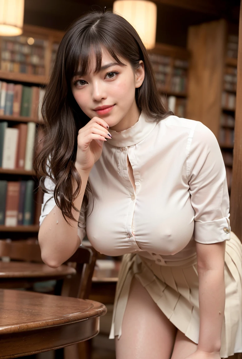 (((neat woman, perverted:1.9,hand on mouth,deep make up:1.8,touch own nipples over clothes:1.9,little pussy juice:1.9))),(((leaning forward,from below,huge breasts:1.8,kind smile:1.8,blush:1.8,deep cheek:1.8))),please touch me,eat me,tempting viewer,i want you))),(((blush,blush,deep cheek,deep cheek)))),(cinematic lighting), (Photo real:1.4)、(A hyper-realistic:1.4)、(Photorealistic:1.3)、 (gentle lighting: 1.05)、(Improve the lighting quality of your video:0.9)、 32k、25years old woman、photorealistic lighting、Back lighting、Facial Lights、Ray Trace、(bright:1.2)、(Increase quality:1.4)、 (best quality real texture skin)、Fair eyes,delicate face、 Close-up of the face, ((((Wearing the tight white collared-shirts,high-neck,pleated beige skirt,high-heel:1.4))),(Bodyline mood improvement:1.1)、Glossy skin、good figure,perfect anatomy,Beautiful actress,(((beautiful huge soft breasts:1.8,huge breasts,slender waist,slender hip,long slender legs,8heads tall))),(((8heads tall))),(((brown wavy midium hair,bangs))),(((sweat skin,shiny skin,in the beautiful library,super clean night view,in the night))),