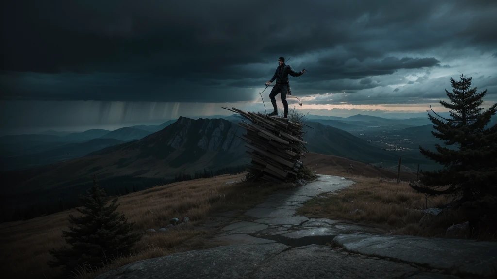 A corrupt man, half demon, on top of a hill, launching a rain of needles filled with blood. The needles are flying through the air, creating a chaotic scenario. The man is only wearing shorts, his body completely covered in intricate tattoos. The scene is dark and dramatic, with dark sky and stormy clouds in the background. The mountain is rocky and inhospitable, adding a sinister tone to the image, being able to see your face