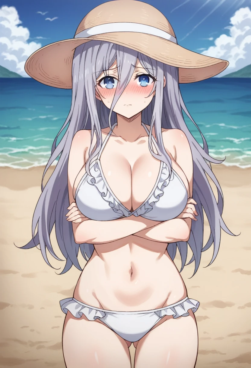 Score_9, Score_8_up, source_anime BREAK solo, 1girl, cowboy photo, looking at viewer, queen murasame, queen murasame, long hair, blue eyes, gray hair , hair between the eyes, sun hat, swimsuit, white bikini, ruffled bikini, swimsuit, navel, bare shoulders,
curvy, big breasts, embarrassed, arms crossed, shy, blushing,
Ocean, beach, sunlight, sand, horizon,