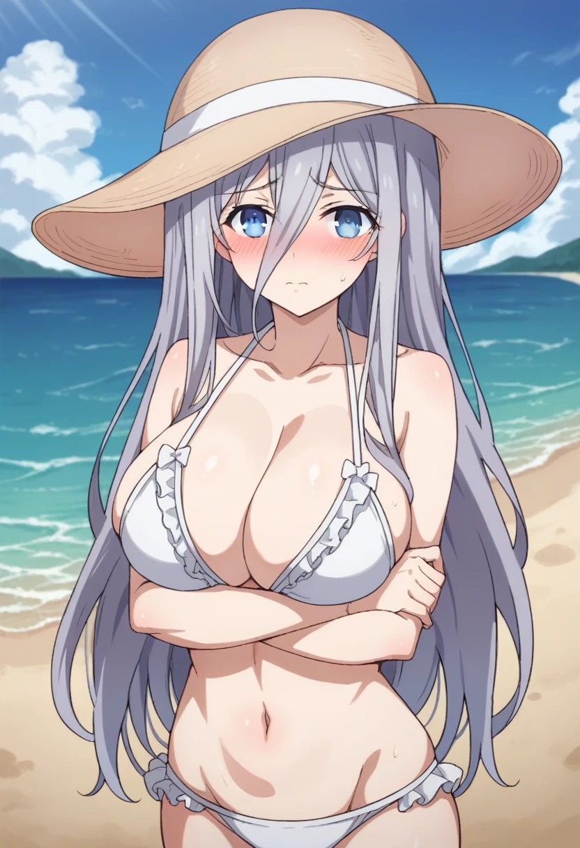Score_9, Score_8_up, source_anime BREAK solo, 1girl, cowboy photo, looking at viewer, queen murasame, queen murasame, long hair, blue eyes, gray hair , hair between the eyes, sun hat, swimsuit, white bikini, ruffled bikini, swimsuit, navel, bare shoulders,
curvy, big breasts, embarrassed, arms crossed, shy, blushing,
Ocean, beach, sunlight, sand, horizon,