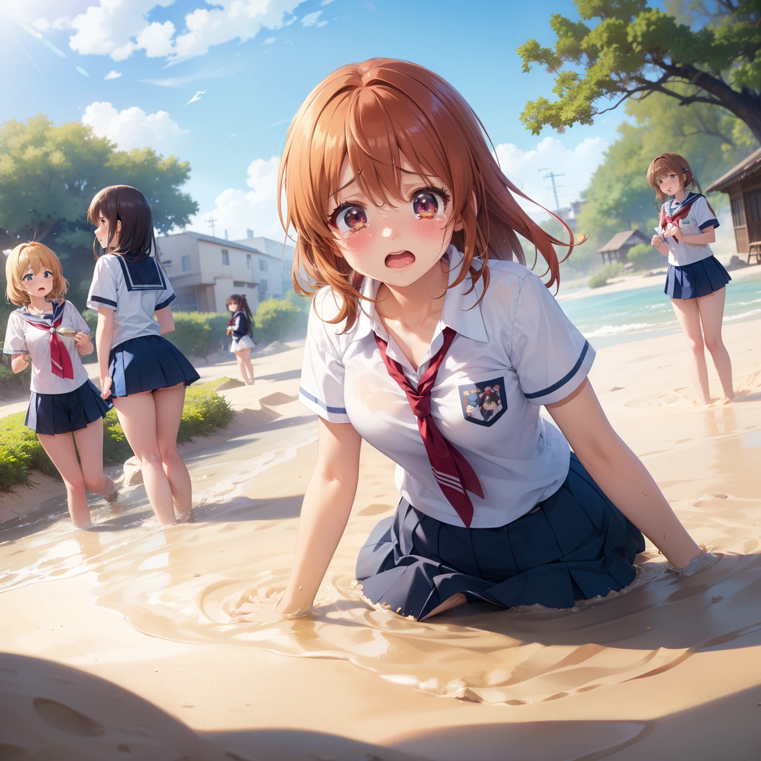 masterpiece, best quality, highres, (5girls), (multiple girls:1.5), blush, anime CG style, good lighting, desert, sand, (quicksand, partially submerged), (upset, tears in her eyes), kinomoto sakura, aichan, mikuru1, breasts, school shirt, (5 girls sinking)