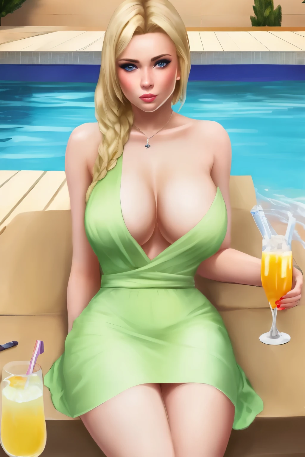 sexy blonde, 30 years old, top figure, wearing a sexy summer dress, holding a summer drink, relaxing by the pool, gta painted image, GTA style, beautiful painted image