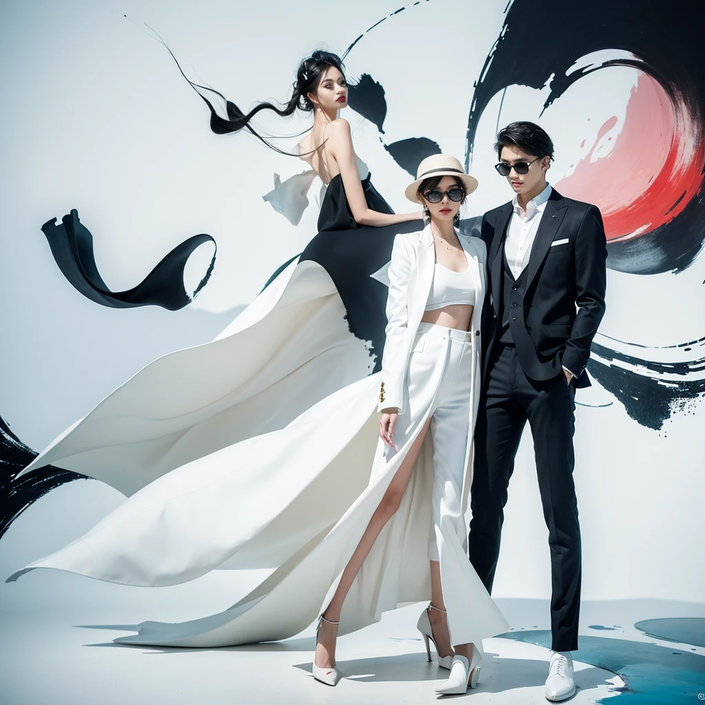 A captivating watercolor featuring a fashionably dressed man with an air of sophistication together with his stunningly beautiful female partner. He dons a casual yet elegant outfit, consisting of a tailored suit, a stylish hat, and a pair of sunglasses. She is dressed on white pants and elegant jacket with high heals. The background is a mesmerizing blend of ink splashes, creating a modern and artistic atmosphere. The playful ink splatters intermingle with the painting's splendor, showcasing a harmonious balance between style and creativity. The couples confident pose and the artist's skillful brushwork come together to create an image of unrivaled elegance and refinement., illustration, fashion, painting, photo
