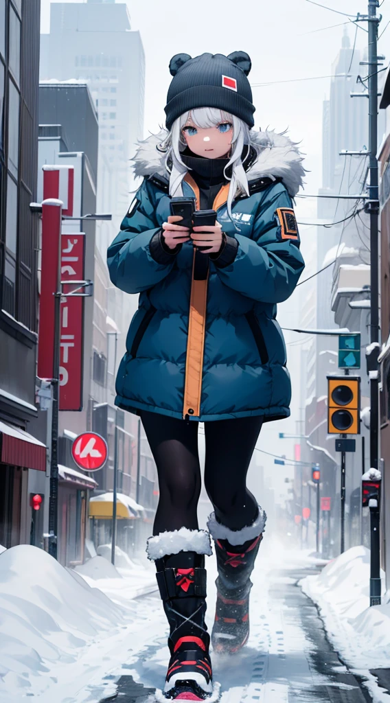 Snow witch,bear beanie,blue eyes,white hair,blue snow boots,puffy jacket,GtsGiga,Rampage,cityscape, solo,1girl,ski gogglesfur trimmed winter jacket,snow,blizzard,winter wonderland,Gtscity,obscured by the fog