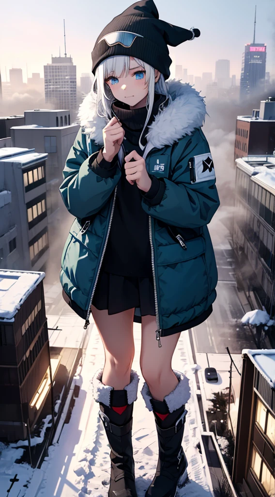 Snow witch,bear beanie,blue eyes,white hair,blue snow boots,puffy jacket,GtsGiga,Rampage,cityscape, solo,1girl,ski gogglesfur trimmed winter jacket,snow,blizzard,winter wonderland,Gtscity,obscured by the fog