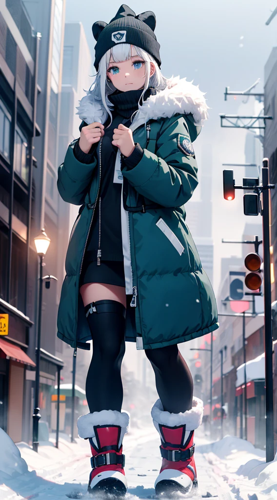 Snow witch,bear beanie,blue eyes,white hair,blue snow boots,puffy jacket,GtsGiga,Rampage,cityscape, solo,1girl,ski gogglesfur trimmed winter jacket,snow,blizzard,winter wonderland,Gtscity,obscured by the fog