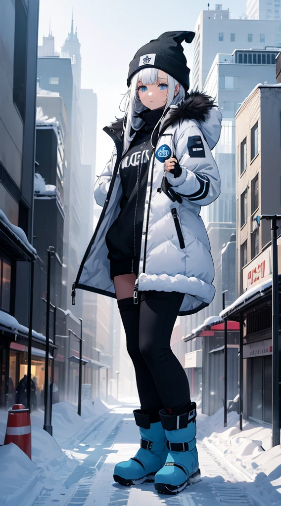 Snow witch,bear beanie,blue eyes,white hair,blue snow boots,puffy jacket,GtsGiga,Rampage,cityscape, solo,1girl,ski gogglesfur trimmed winter jacket,snow,blizzard,winter wonderland,Gtscity,obscured by the fog