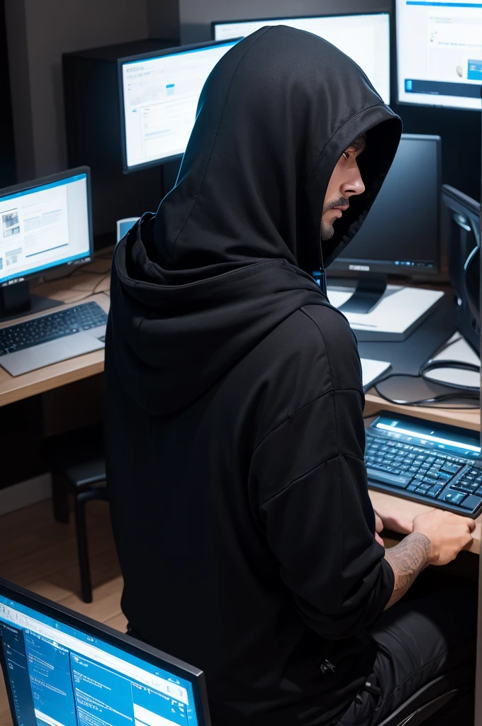 Man in a hood turns his back, working on the computer