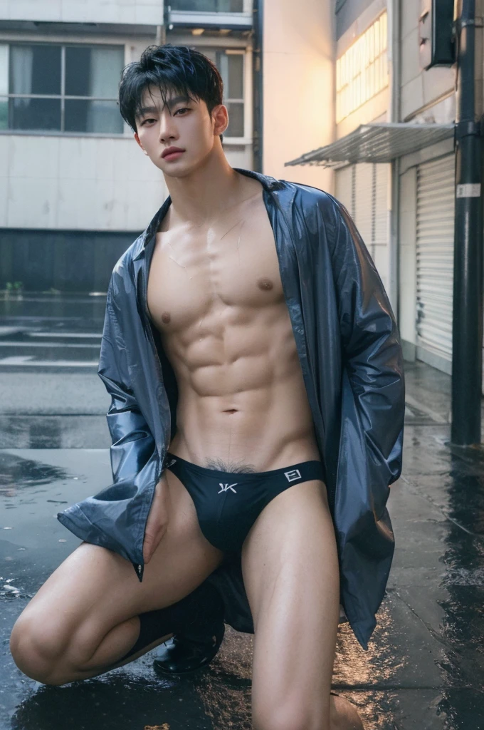 (best quality:1.4), (ultra highres:1.2), (photorealistic:1.4), (8k, RAW photo:1.2), Realistic handsome Japanese guy, muscle, fit, 18 years old, shirtless, topless, wear jockstrap, bedroom, wet body, outdoor, raincoat, rain day, rain, on street in the city