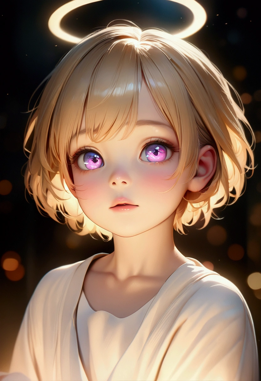 a blonde boy, beautiful detailed eyes, beautiful detailed lips, extremely detailed eyes and face, very short hair, adorable, cute, innocent, glowing skin, soft lighting, 4k, 8k, highres, masterpiece, ultra-detailed, photorealistic, HDR, UHD, studio lighting, ultra-fine painting, sharp focus, physically-based rendering, extreme detail description, professional, vivid colors, bokeh, angelic, ethereal, serene, peaceful, warm lighting, glowing halo,