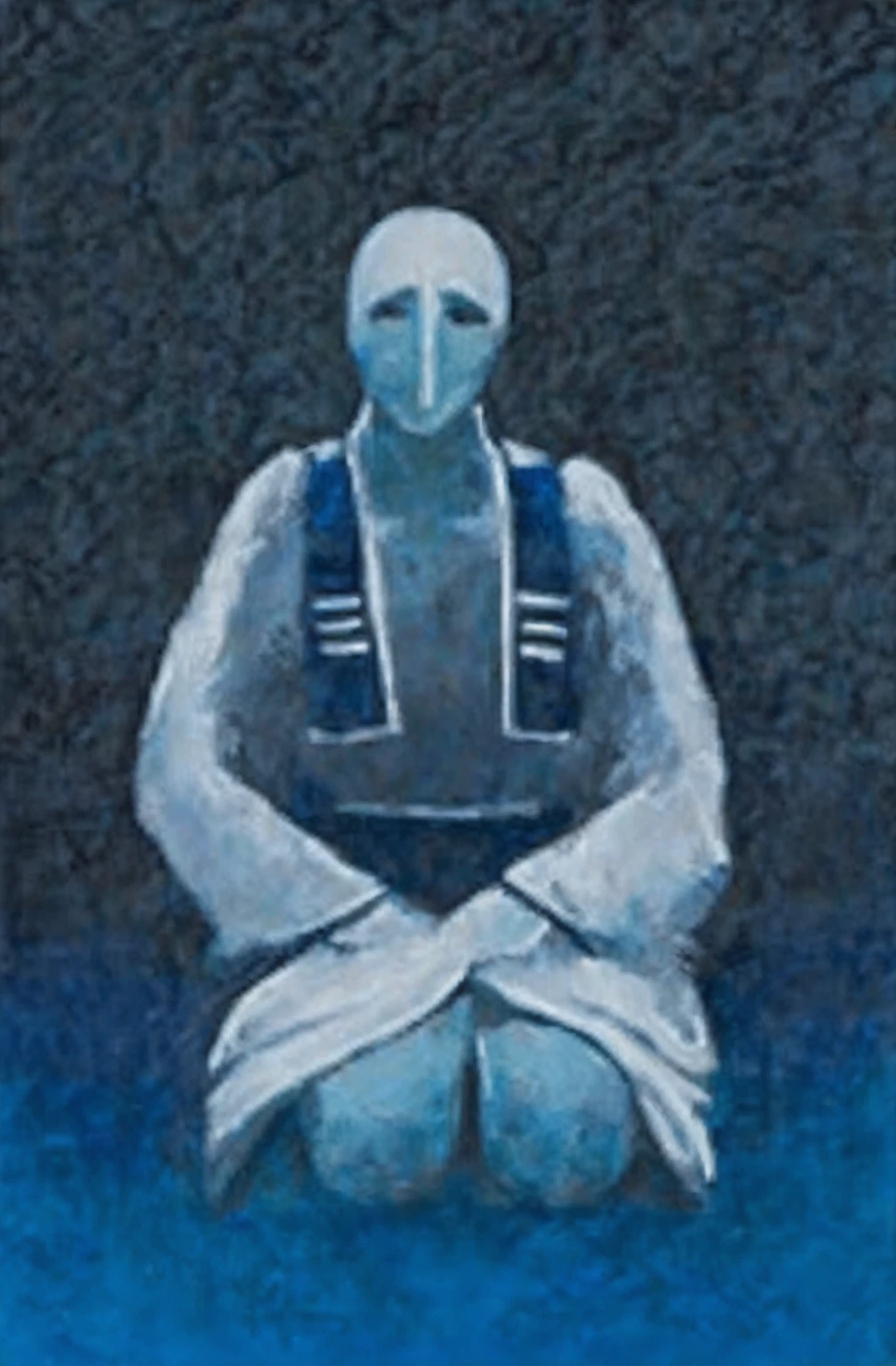 painting of a man sitting in a meditation position on a blue surface, adim kashin, inspired by Enki Bilal, hooded figure, inspired by Gyoshū Hayami, painting of white human figures, detailed painting of dune movie, with no face, ditigal painting, hooded figures, vdragan bibin, shikanosuke yagaki