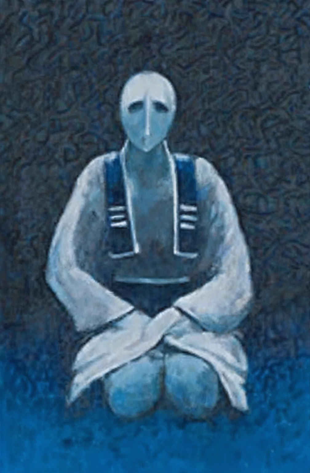 painting of a man sitting in a meditation position on a blue surface, adim kashin, inspired by Enki Bilal, hooded figure, inspired by Gyoshū Hayami, painting of white human figures, detailed painting of dune movie, with no face, ditigal painting, hooded figures, vdragan bibin, shikanosuke yagaki