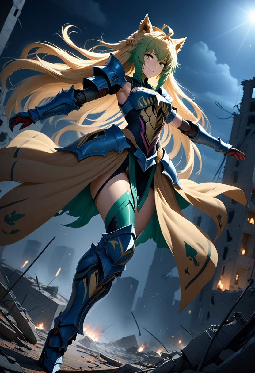 (masterpiece, top quality, best quality, beautiful and aesthetic:1.2), full body, SFW, extremely detailed, detailed face and eyes, cinematic light, depth of field, 1girl, seducing smile, solo, official, (full armored knight:1.4), atalanta fate, blonde with green hair, long hair, slim body, cinematic lighting, dramatic lighting, dramatic atmosphere, hyper-realistic, high resolution, stunning contrast, high quality, best quality, 8k, 4k, intricately detailed, (amazing details:1.2), highly detailed skin, powerful presence, vibrant colors, (detailed eyes:1.2), striking eyes, (detailed background), (warzone on background, night, ruins), (dynamic angle:1.2), (dynamic pose:1.2)