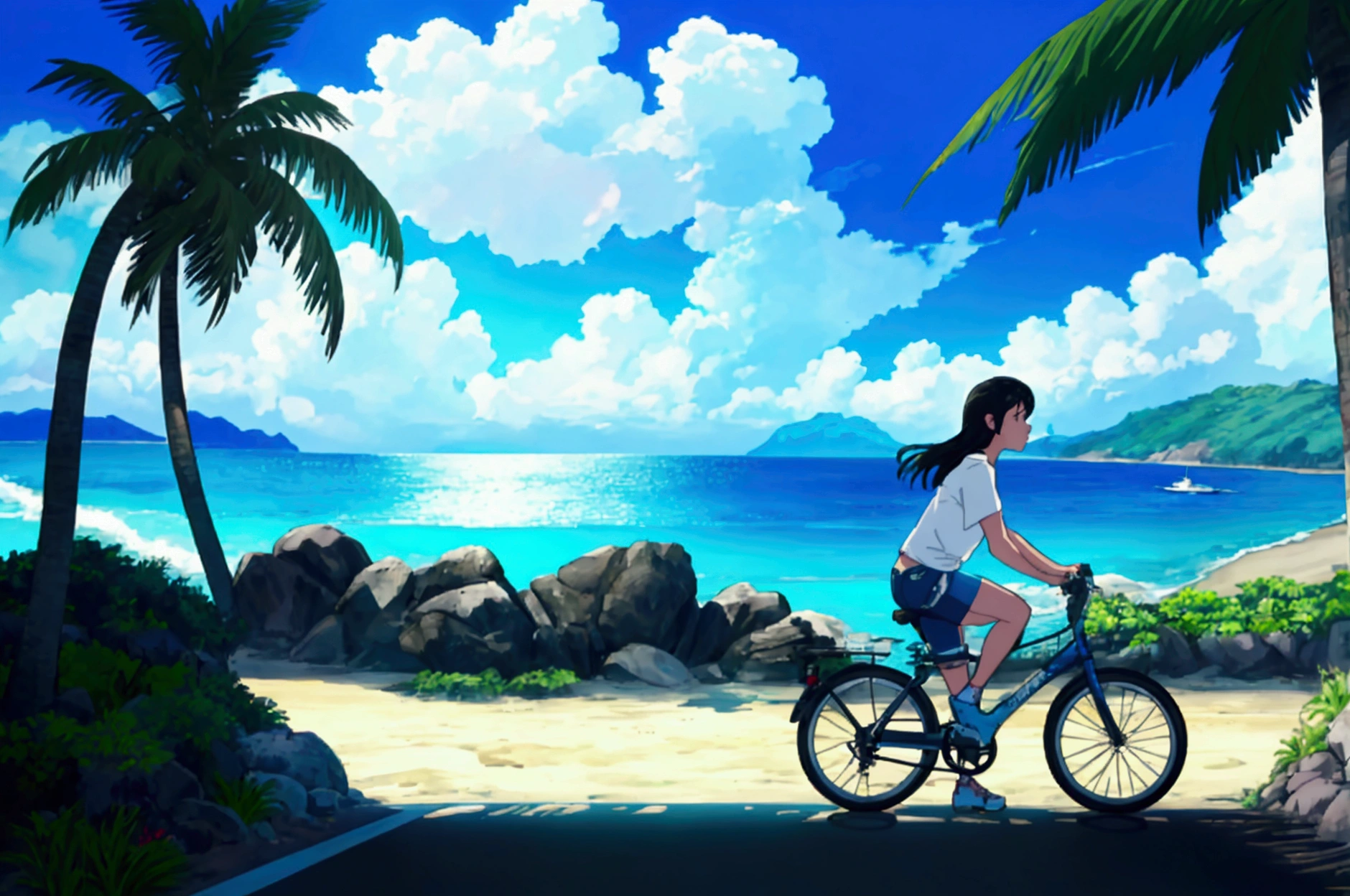 A woman riding a cruiser bicycle on a paved road next to a Hawaiian beach in the morning, wearing an oversized white T-shirt and denim shorts, expansive ocean view and blue sky in the background, tropical island scenery with palm trees, cool morning light with blue tones, crisp and refreshing atmosphere, summer vacation mood, action shot, side view, wide angle to emphasize the ocean backdrop