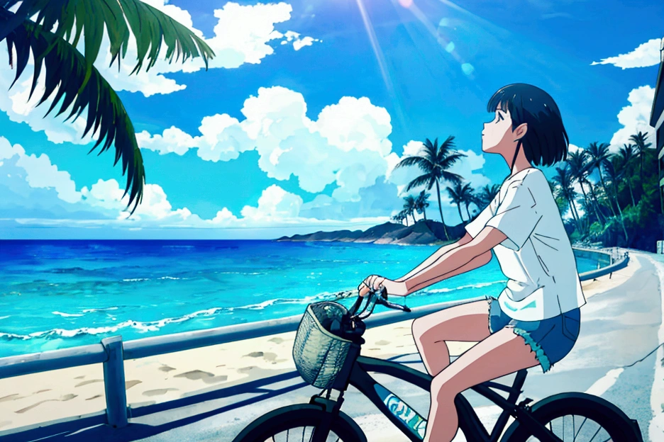 A woman riding a cruiser bicycle on a paved road next to a Hawaiian beach in the morning, wearing an oversized white T-shirt and denim shorts, expansive ocean view and blue sky in the background, tropical island scenery with palm trees, cool morning light with blue tones, crisp and refreshing atmosphere, summer vacation mood, action shot, side view, wide angle to emphasize the ocean backdrop