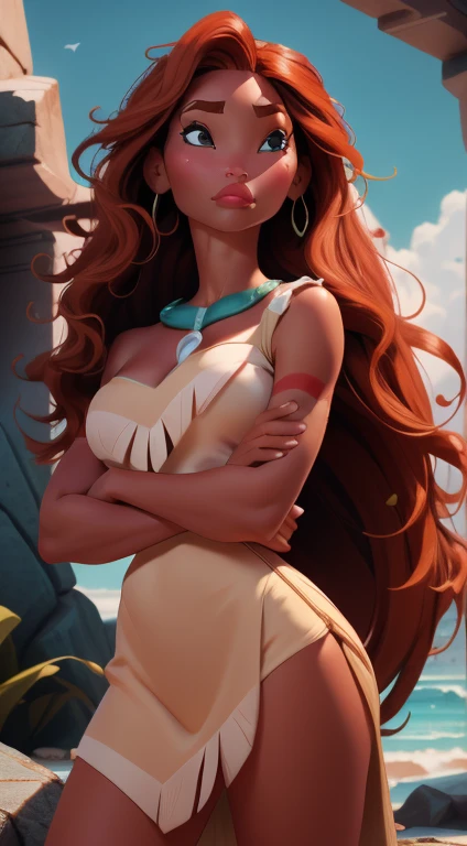 Fusion Pocahontas-Merida, Merge models, Les vêtements de Pocahontas, fusion, 1fille, beau, personnage, Femme, femelle, plage, (centerpiece:1.2), (best quality:1.2), (seul:1.2), ((pose de combat)), ((champ de bataille)), Cinematic, yeux parfaits, peau parfaite, perfect lighting, sourir, light, cor, textured skin, Detail, Beauty, merveille, ultra-Detaillé, Visage parfait African American woman.