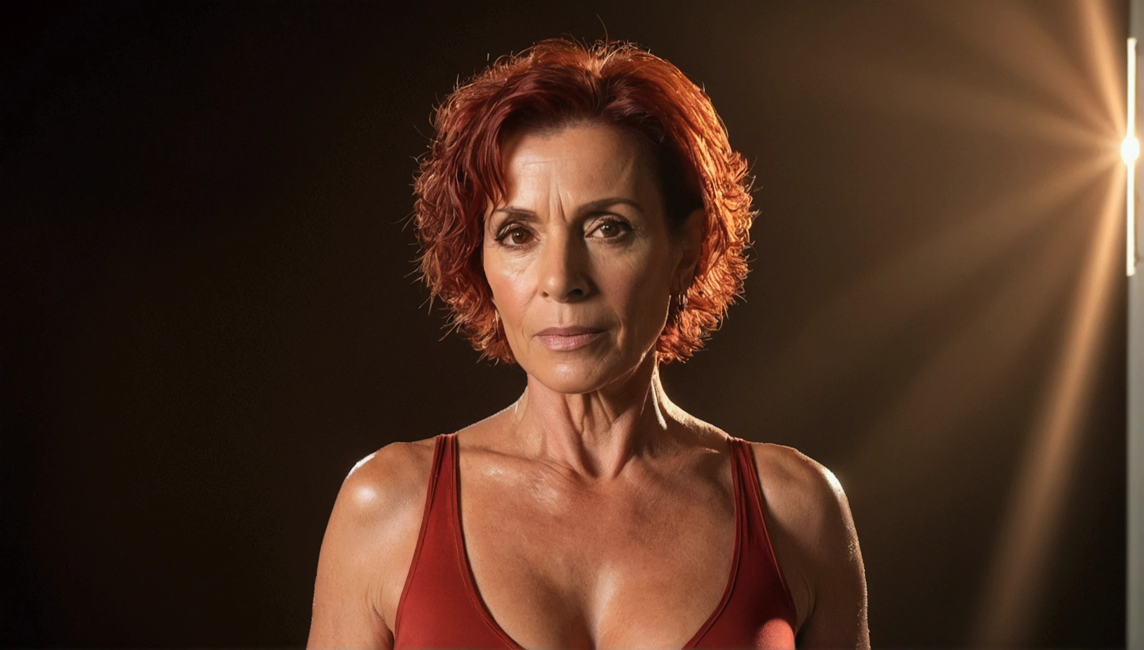 a mature portuguese woman with a large natural chest, short shaved red hair, brown eyes, red wet shirt, profissional porn actress, half light beam, ring light background, photorealistic, 8k, extremely detailed, high quality, 1/2 portrait, ((full body)), cinematic lighting, dramatic colors, beautiful skin, detailed features ((consistent character)) ((seed 69))