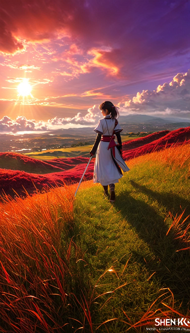 Masterpiece, high quality, 8K Ultra HD. The image shows a female with a sunlight shining from the sky into it and the grassy hill, with a background of vibrant purple sky and the red and orange tones of the sun,((red grass)), 4k anime art wallpaper, Shen Che-Tsai digital art, pexels, fantastic realism, among sunlit heavenly clouds, heavenly clouds, amazing sky, 4K anime art wallpaper, anime background, wallpaper 8K anime art wallpaper, modern Digital art wallpaper, landscape wallpaper, amazing wallpaper, high quality wallpaper definition, 4k wallpaper,