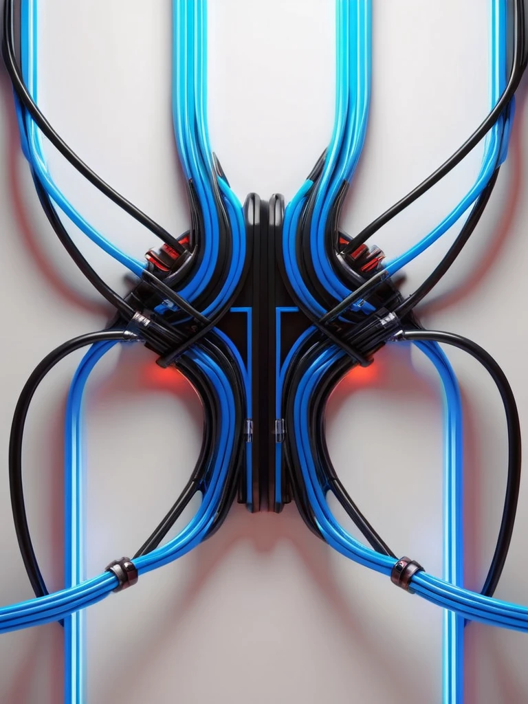 transmission fund, Futuristic background image with hell theme., cables hell neon, symmetrical image, hell, White wall, negro, Blue, wall in the background