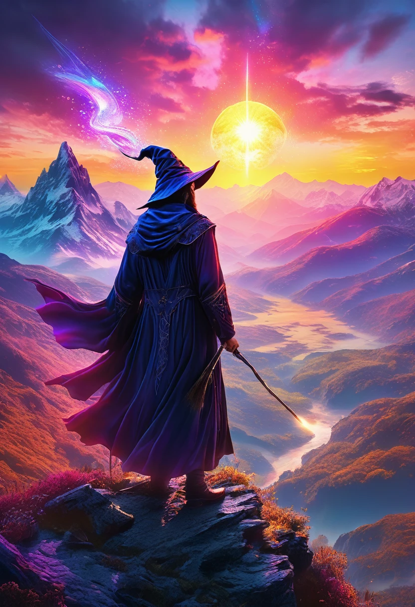 a wizard on top of a mountain, fantasy art, dramatic sunrise landscape, intricately detailed magic effects, vibrant colors, cinematic lighting, digital art, 8k, best quality, poster