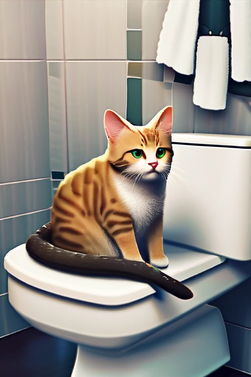((Лучшее качество)), ((шедевр)), (подробный), a cat with fish scales on the toilet