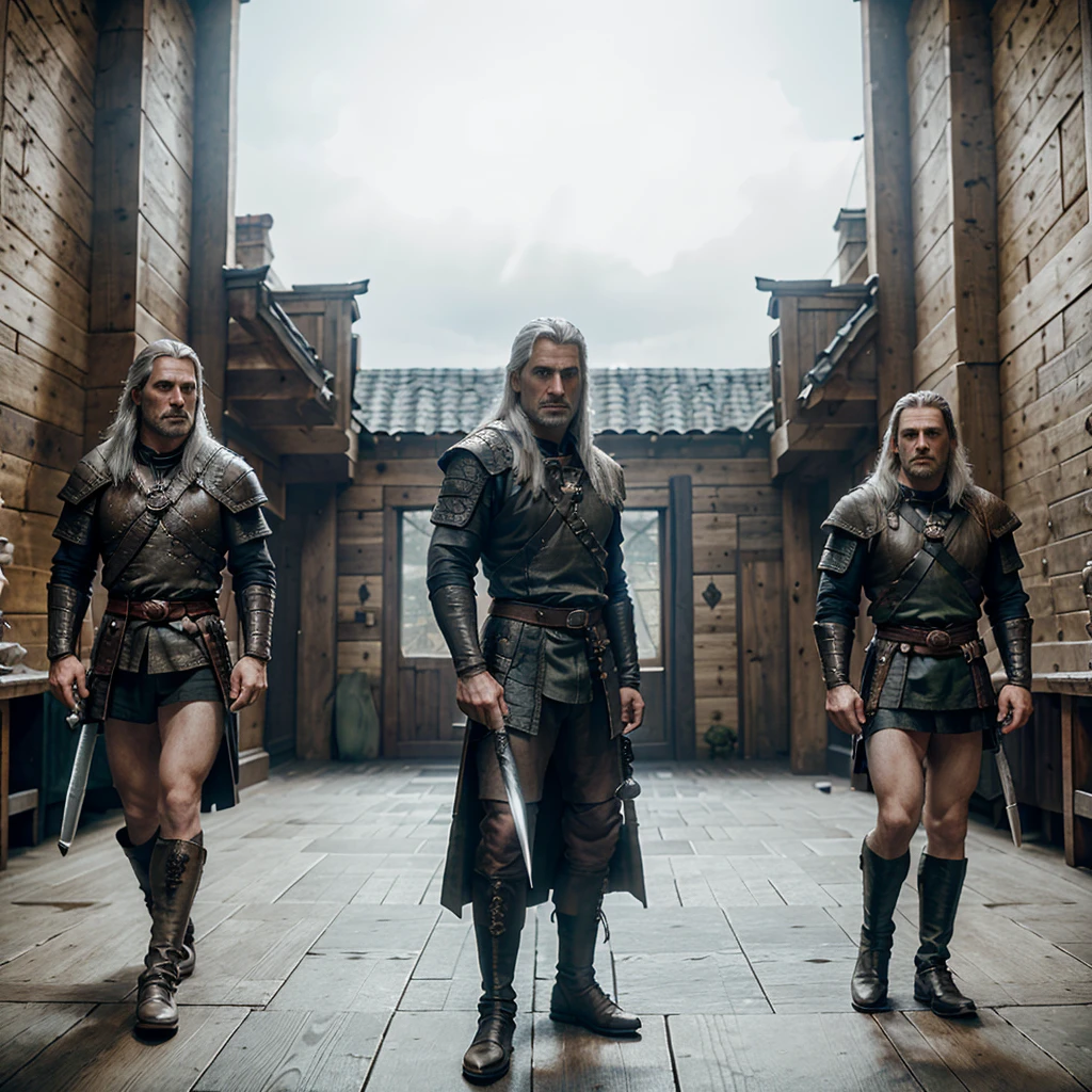 a highly detailed portrait of Geralt of Rivia with his sword, standing alongside Eskel, Lambert, and Vesemir, in a 4K quality image, set against the background of the Wolf School, with the wolf symbol prominently featured, cinematic lighting, dramatic pose, masterfully painted, photorealistic, hyper detailed, vibrant colors, sharp focus