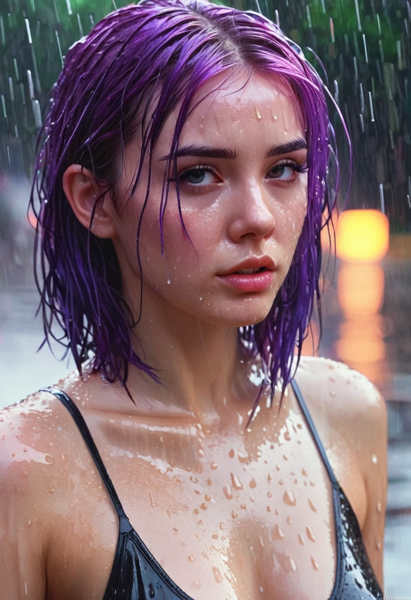 Arafed woman with purple hair and wet face in the rain., ross tran 8k, wet hair, Bright digital painting, ultra realistic digital painting, Beautiful digital artwork, alena aenami and artgerm, moist and shiny skin, Ilia Kuvshinov. 4k, Vadim Kashin. ultra realistic, Ross draws 1. 0, shiny skin