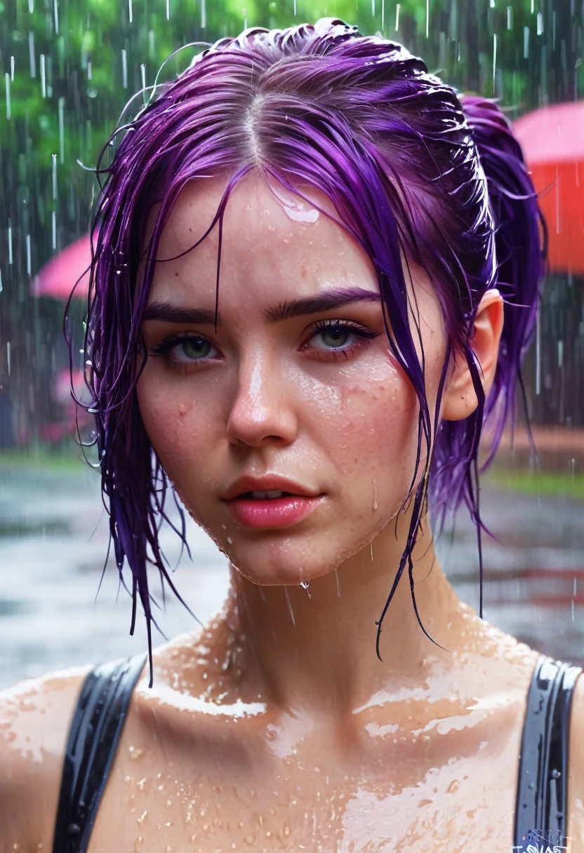 Arafed woman with purple hair and wet face in the rain., ross tran 8k, wet hair, Bright digital painting, ultra realistic digital painting, Beautiful digital artwork, alena aenami and artgerm, moist and shiny skin, Ilia Kuvshinov. 4k, Vadim Kashin. ultra realistic, Ross draws 1. 0, shiny skin